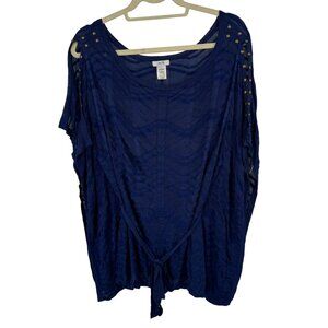 cache women's blue poncho sweater embellished size large tie front cotton blend